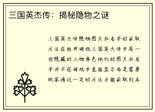 三国英杰传：揭秘隐物之谜